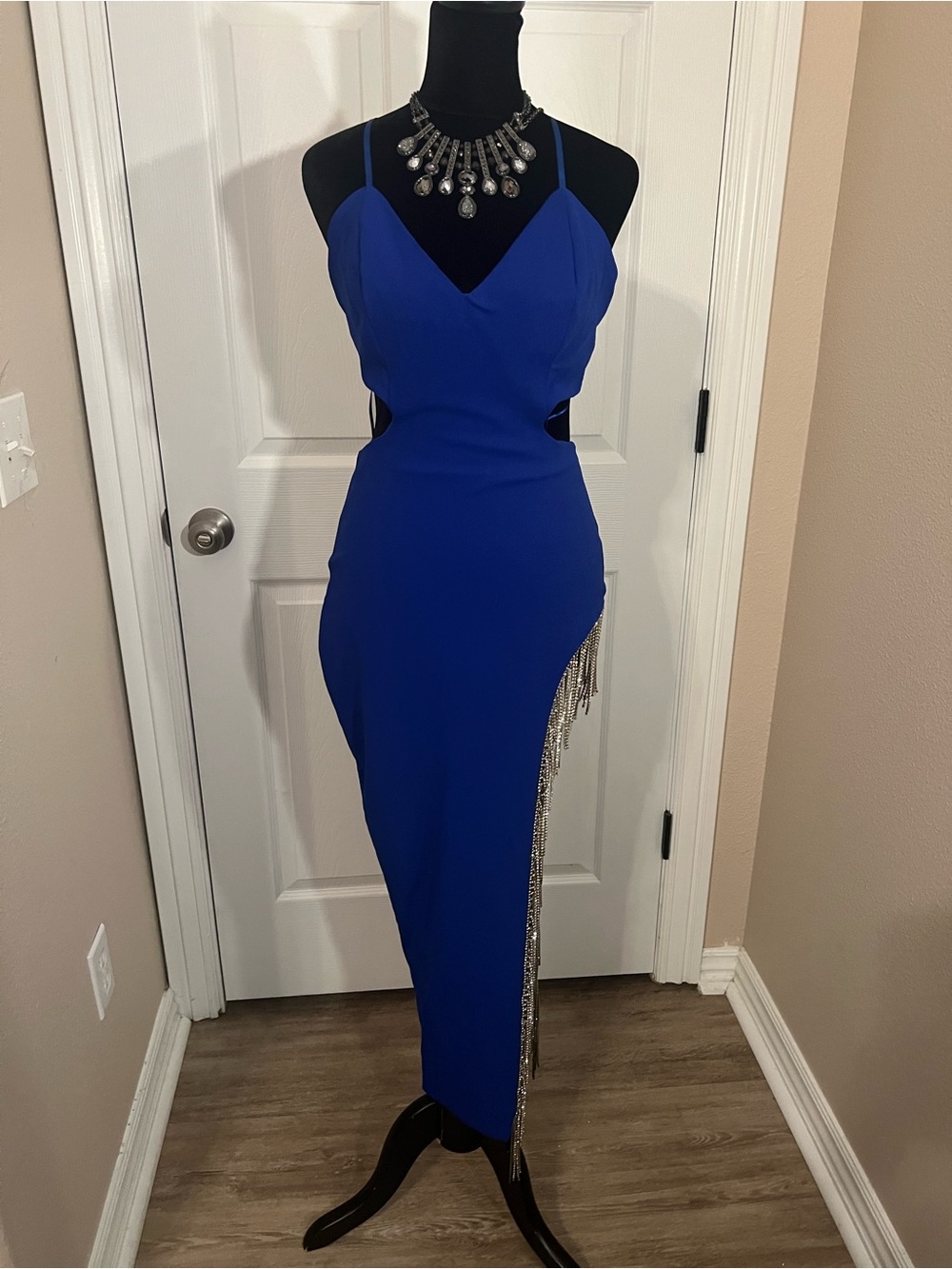 Royal Blue Beaded Fringe Maxi Dress with Side Cutouts